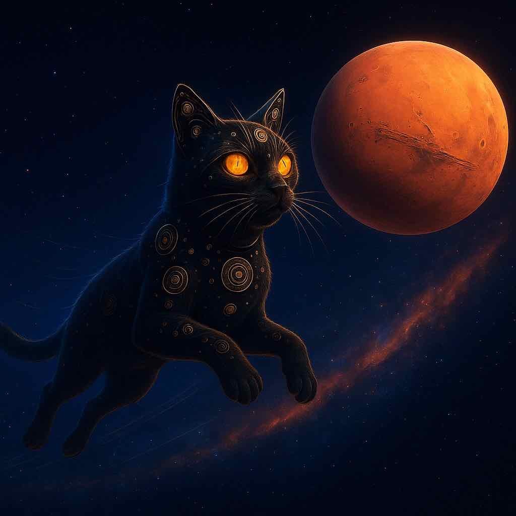 Cosmic cat watching Mars from Earth
